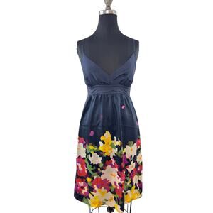 THEORY Navy Blue Fit & Flare Dress Silk Abstract Floral Spaghetti Strap Size 6